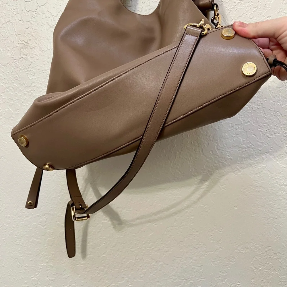 Michael Kors Devon Taupe Leather Convertible Hobo Bag Gold Chain Crossbody Luxe